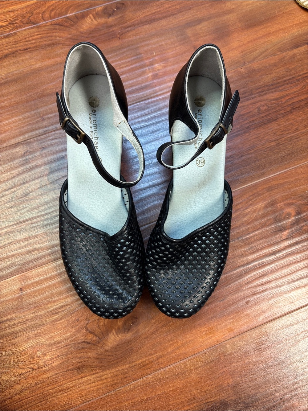 Eric Michael Black Perforated Mary Jane Mules with Ankle Strap